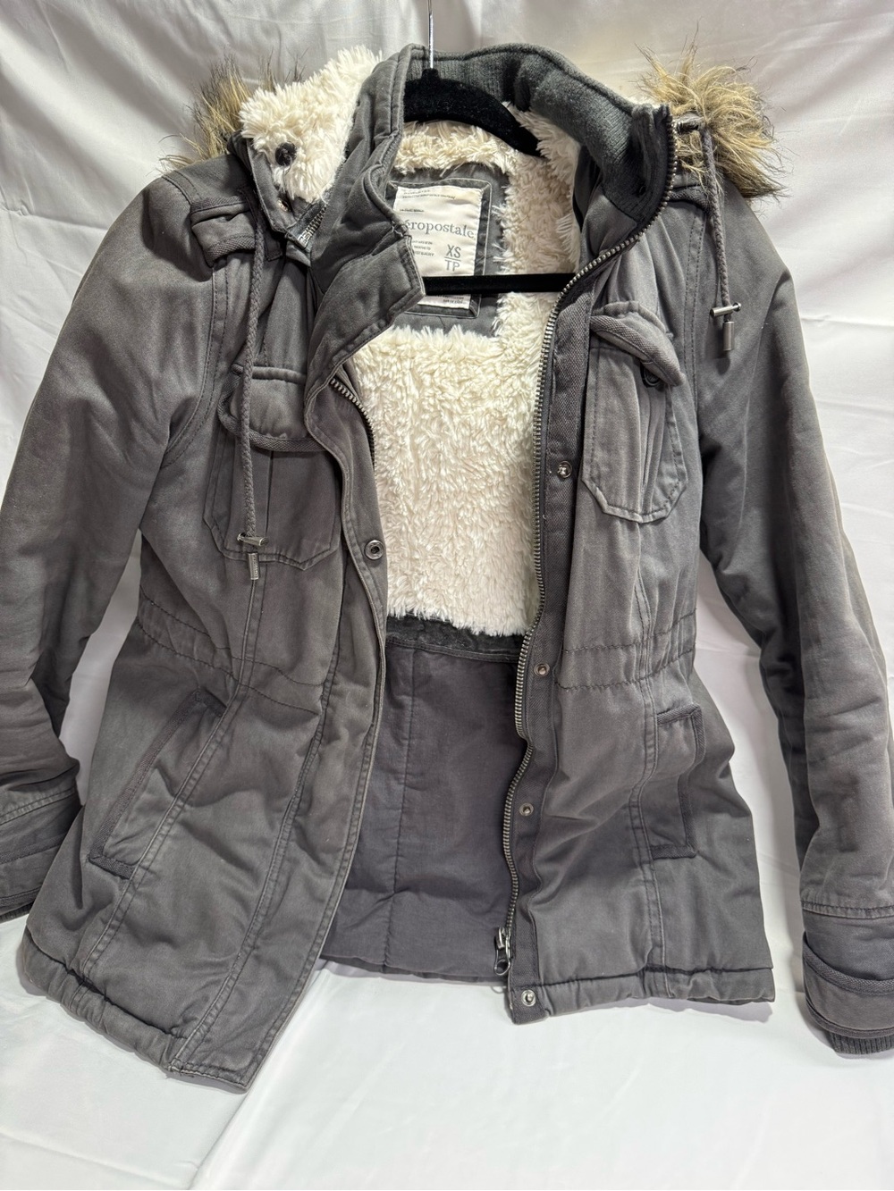 Aeropostale Gray Sherpa-Lined Utility Jacket with Faux-Fur Trim